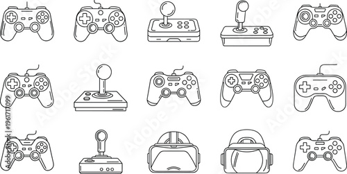 Gaming Controller and Joystick Outline Icon Set with VR Headset Line Art Vector Collection Isolated on White Background