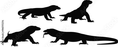 Komodo dragon silhouette vector set. Large monitor lizard collection with powerful bodies and long tails. Black reptile illustrations for wildlife design, nature and zoo themes.