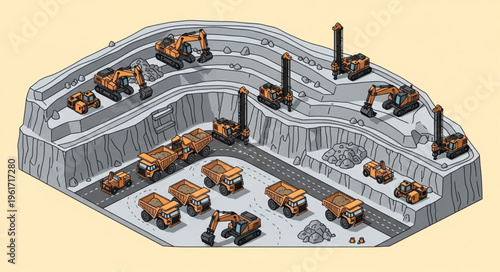 Illustration of an Open-Pit Mine with Trucks and Machinery.