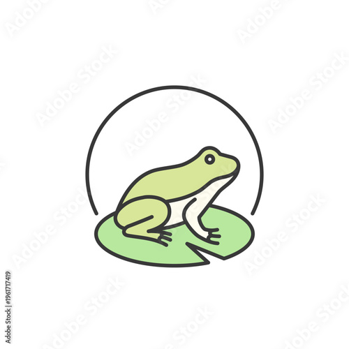 Cute green frog amphibian resting on a lily pad in clean outline style, friendly pet logo icon for terrarium care, exotic animal lovers, habitat design, aquatic themes, and modern branding use.