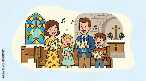 Family singing hymns together in church at Easter minimalist flat vector illustration
