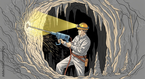 Illustration of a Miner Drilling in a Cave with Headlamp.