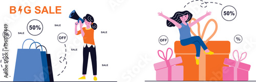 Exciting big sale event with happy shoppers enjoying massive discounts on various items and gifts everywhere