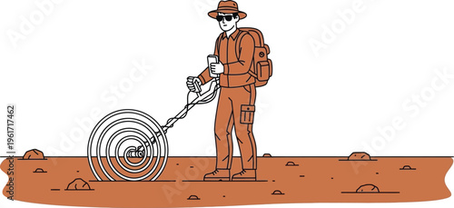 Adventurer using a metal detector for treasure hunt