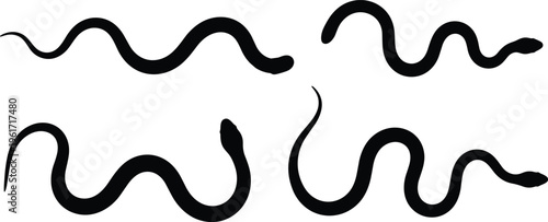 Sea snake silhouette collection with smooth swimming poses. Marine reptile set isolated for ocean wildlife, aquatic animal, and nature design.