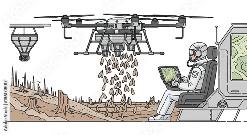 Drone planting trees in deforested area illustration