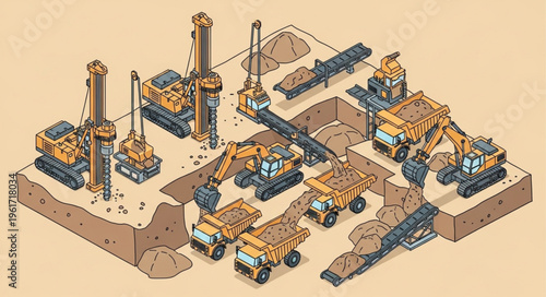 Isometric Mining Operation - Heavy Machinery and Excavation Site Illustration.