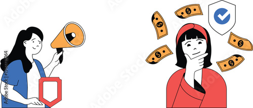 A woman promoting security while another enjoys financial benefits and protection from a shielded checkmark logo