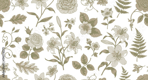 Botanical Floral Pattern: Vintage Roses, Lilies, Ferns, Oak Leaves