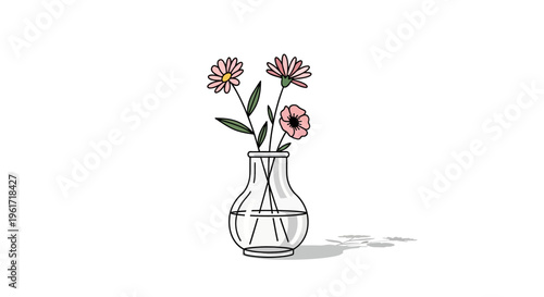 Minimalist pink flowers in a clear glass vase on white background