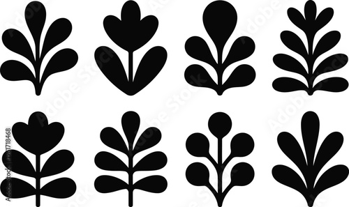 Set of eight refined black plant silhouettes with elegant rounded leaves and delicate single flower tops