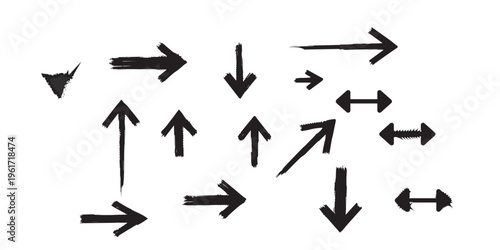 A collection of black arrows pointing in various directions on a white background