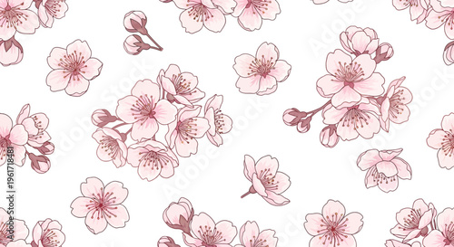 Delicate Pink Cherry Blossom Flowers Seamless Pattern