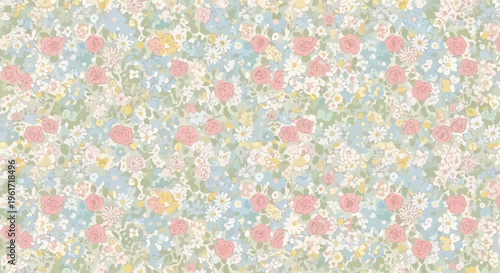 Charming Floral Pattern with Pink Roses and Daisies on Blue Background