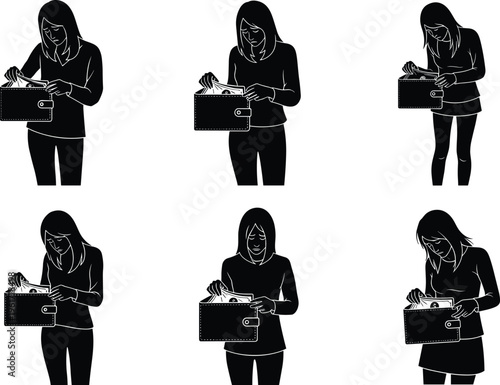 Woman checking wallet counting money financial management budget concept personal finance savings expense control cash handling vector illustration set
