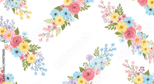 Spring Floral Pattern Background, Soft Pastel Flowers and Green Leaves