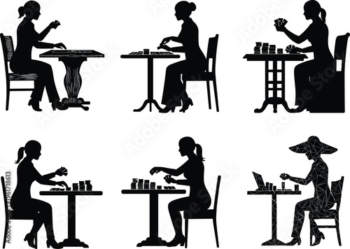 Women playing cards casino silhouettes poker game female players gambling chips table strategy entertainment vector illustration set isolated black