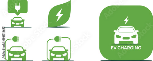 Set of five green electric vehicle charging and sustainability symbols on a white background