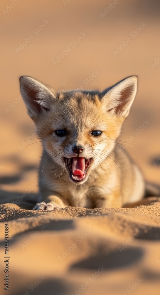 Naklejka premium Fox kit vocalizing while lying on sandy ground outdoors