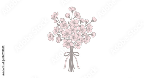 Cherry Blossom Bouquet Hand Drawn Illustration, Delicate Spring Flowers