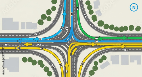 Complex Highway Interchange Illustration with Multiple Lanes and Directions.