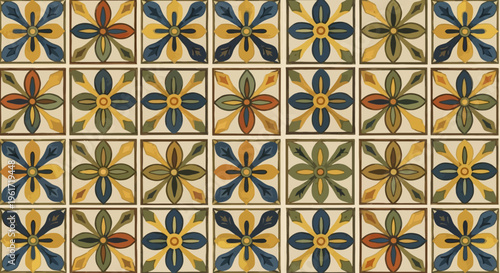 Vintage Floral Tile Pattern, Retro Geometric Ornament, Colorful Decorative Surface