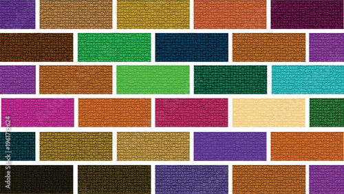 A vibrant and artistic wall pattern featuring rectangular bricks in many different colorful shades