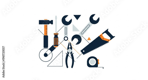 Hand Tools Assortment - Hammer, Wrench, Saw, Pliers, and Measuring Tape.