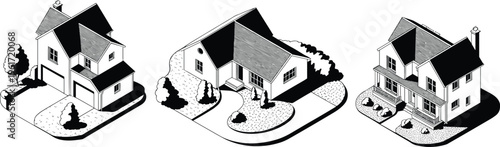Isometric suburban residential house set with modern architectural building exteriors black and white vector illustration for real estate design.