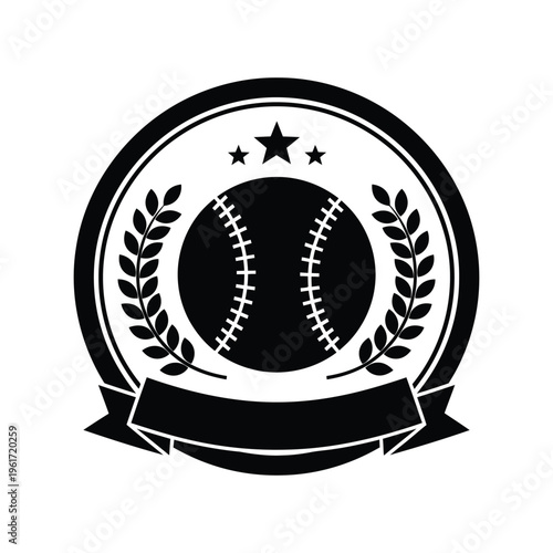 Baseball emblem vector with laurel wreath, stars, and ribbon in black and white badge style