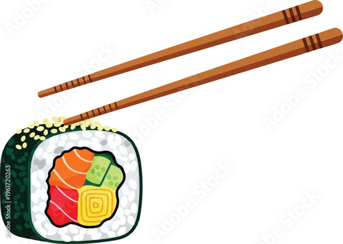 A single piece of sushi roll with fresh salmon and cucumber held by wooden chopsticks isolated
