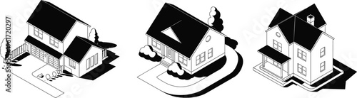 Isometric suburban residential house set with modern architectural building exteriors black and white vector illustration for real estate design.