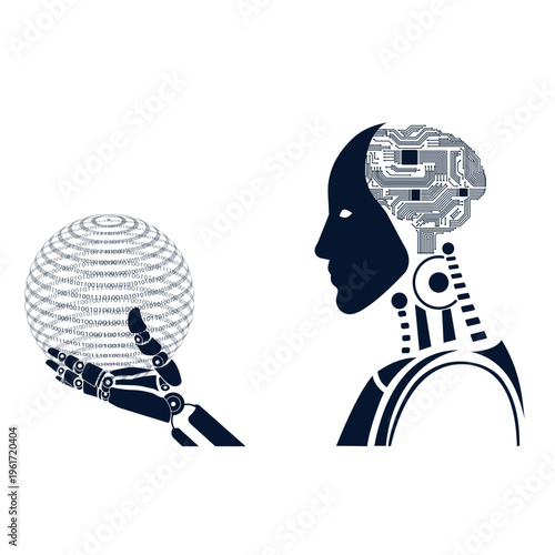 A robot's mechanical arm holds a program code