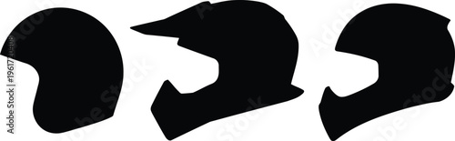Three black silhouettes of different protective helmets for sports or work on a white background