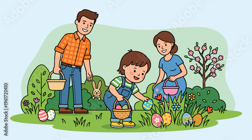 Kids discovering eggs in Easter garden egg hunt modern flat vector illustration