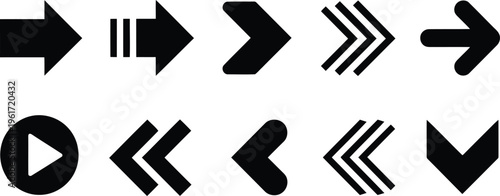 Ten black arrow and media control icons arranged on a simple white background