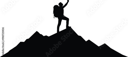 Hiker Silhouette on Mountain Peak Success Achievement Adventure Outdoor Travel Vector Icon Design