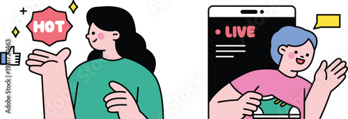 Woman promoting trending content while a child engages in a live video streaming session happily on a mobile device