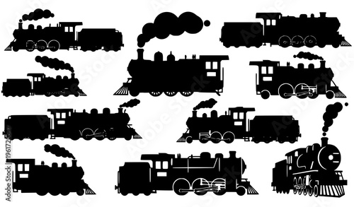 Steam locomotive silhouette collection vector vintage train set illustration