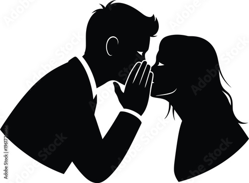 Man Whispering Secret To Woman Silhouette Couple Sharing News Rumor Vector Illustration