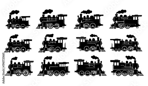 Vintage steam train vector silhouettes locomotives with smoke collection set