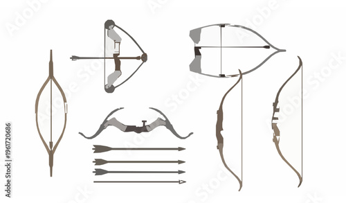 Archery equipment vector illustration bows and arrows detailed set