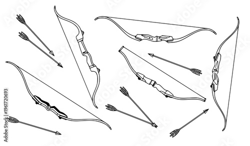 Archery bow and arrow vector collection detailed sport equipment illustration