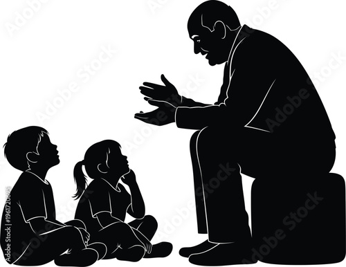 Old Teacher Telling Story To Children Silhouette Sitting Education Learning Student Classroom Vector