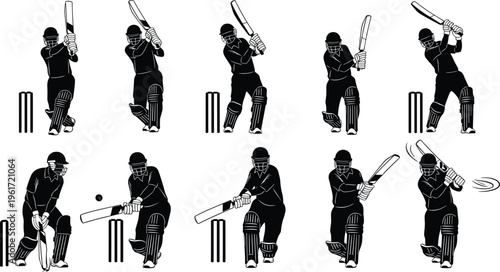cricket, player, silhouette, batting, shots, sports, action, game, athlete, bat, ball, wicket, training, motion, swing, competition, isolated, background, black, collection