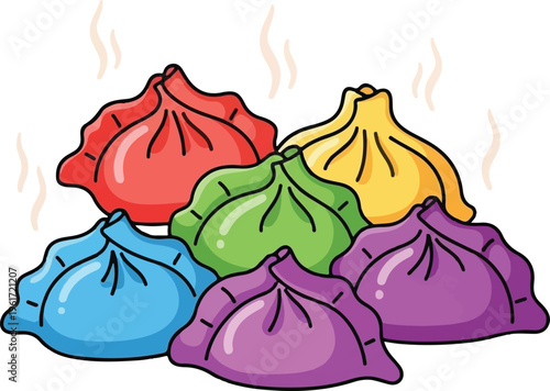 A colorful collection of steaming hot dumplings presented in a vibrant and artistic illustration