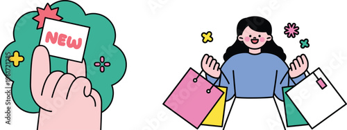 Excited shopper holds shopping bags while someone points at a new product announcement on a cloud