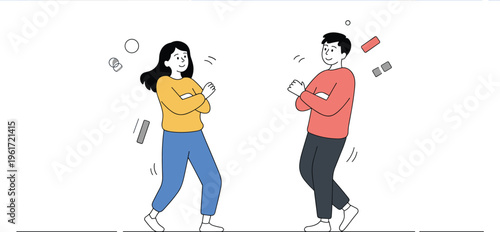 Flat vector illustration of a confident young man and woman standing with crossed arms for teamwork and collaboration.