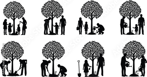 family, tree, planting, silhouette, gardening, children, parents, nature, environment, growth, care, outdoor, ecology, green, lifestyle, togetherness, community, earth, conservation, activity
