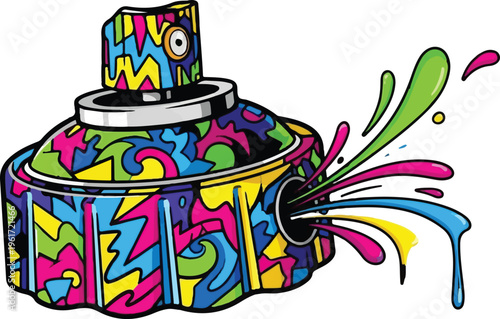 A vibrant illustration of a graffiti spray paint can featuring abstract colorful patterns and art